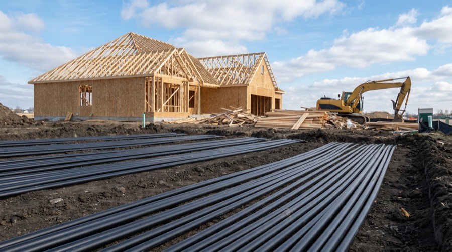 Geothermal loops installed at a new-construction home site