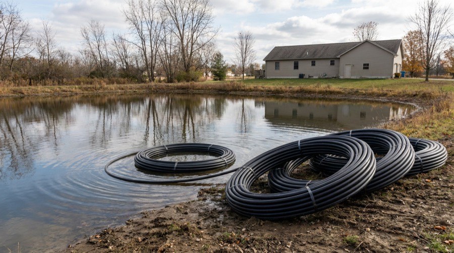 Geothermal pond loop pipe coils staged at a private pond