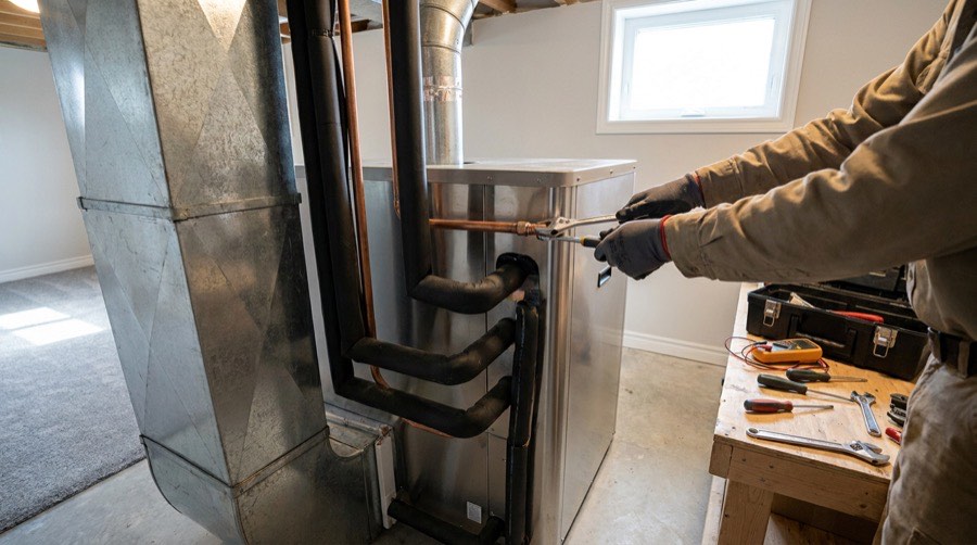 Geothermal heat pump retrofit in a finished home basement