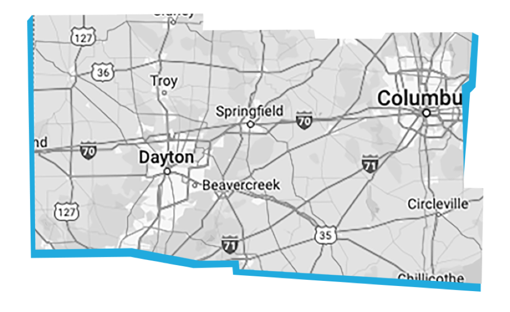 Wind Bender service area map covering Dayton and Central Ohio